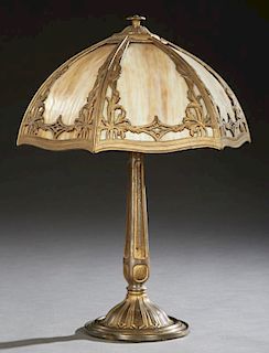 American Slag Glass Lamp, c. 1920, the gilt spelte