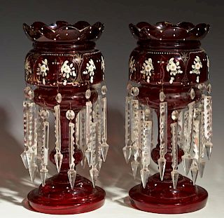 Pair of English Victorian Ruby Glass Lusters, 19th