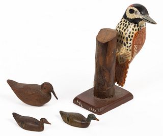 AMERICAN FOLK ART CARVED AND PAINTED WOODEN BIRDS, LOT OF FOUR