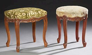 Two Louis XV Style Carved Cherry Upholstered Foots