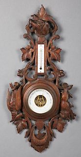 French Carved Walnut Hunt Motif Barometer, early 2