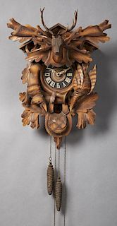 German Black Forest Style Carved Walnut Cuckoo Clo
