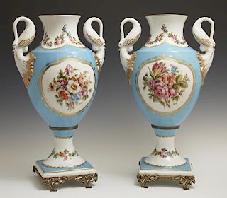 Pair of German Porcelain Empire Style Baluster Vas