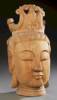 Large Oriental Carved Wooden Buddha Head, 20th c.,