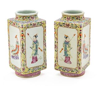 Chinese Famille Rose Porcelain Wu Shuang Pu Cong Vases,  18th C., Qianlong Period, Featuring Hua Mulan, H 9.5'' W 4'' 1 Pair