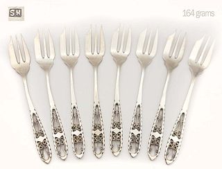 Set Of Eight Vintage Silver Filigree Dessert Forks, Stamped (164 grams)