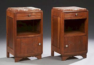 Pair of French Carved Oak Bowfront Marble Top Nigh