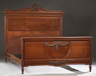 French Carved Walnut Louis XVI Style Double Bed, c
