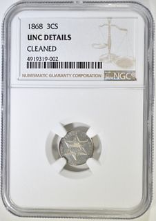 1868 3 CENT SILVER NGC UNC DETAILS CLEANED