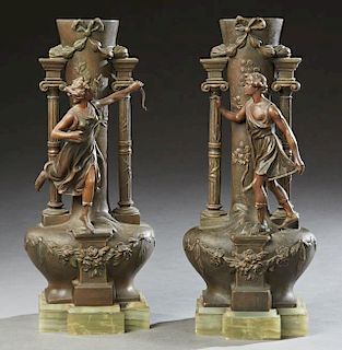 Pair of Large French Art Nouveau Patinated Spelter