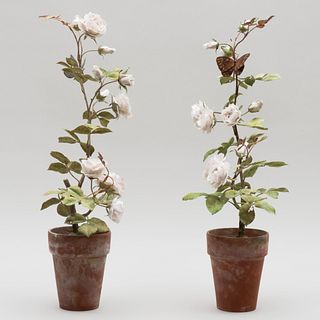 Pair of Vladimir Porcelain and Tole Models of Roses with Butterflies