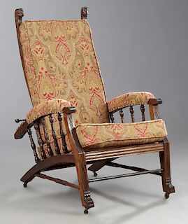 American Victorian Carved Oak Morris Chair, c. 190