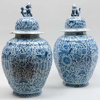 Pair of Delft Blue and White Lobed Jars and Covers