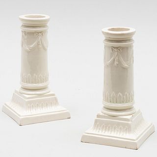Pair of Creamware Columnar Candlesticks, Probably English