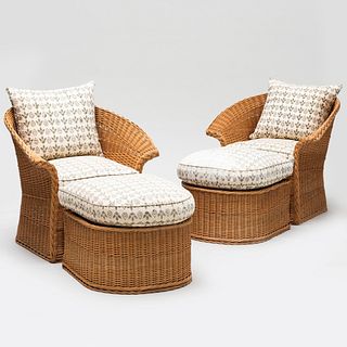 Pair of Cotton Upholstered Wicker Armchairs and Ottomans, Marston & Langingers, England