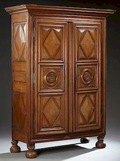 French Louis XIII Style Carved Elm Armoire, early