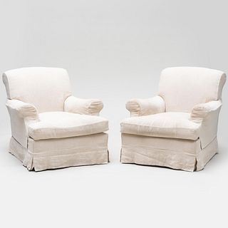 Pair of Embroidered White Linen Slipcover Upholstered Club Chairs