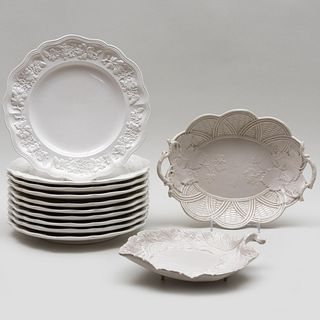 Set of Ten Mottahedeh Porcelain Dinner Plates and Two Salt Glaze Dishes