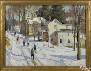Harry Leith-Ross (American 1886-1973), oil on canvas winter landscape, titled Sledding