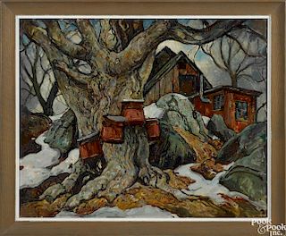 William Lester Stevens (American 1888-1969), oil on board winter landscape with a farmhouse
