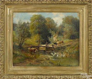 Carl Philipp Weber (American 1849-1922), oil on canvas landscape with a river and bridge