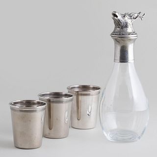 Metal-Mounted Decanter with Stag Form Stopper and Three Tumblers