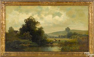 Carl C. Weber (American 1850-1921), oil on canvas landscape with cows by a pond, signed