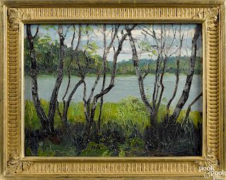 Richard Evett Bishop (American 1887-1975), oil on board, titled Lake Wyagamac, Quebec, signed