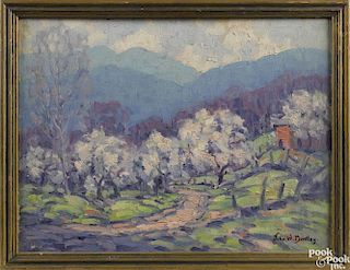 John W. Bentley (American 1880-1951), oil on board landscape, titled Catskill Apple Blossoms