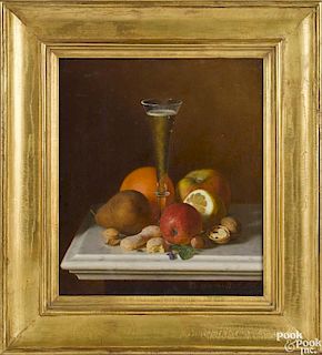 Theodor Von der Beek (German 1838-1921), oil on panel still life with fruit and a champagne flute