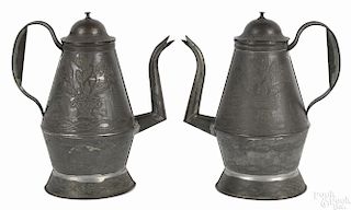 Pair of Bucks County, Pennsylvania tin wrigglework coffee pots, ca. 1850, stamped J. Ketterer
