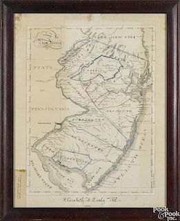 Ink and watercolor map of New Jersey, signed Elizabeth W. Comly 1822, 18'' x 13 3/4''.