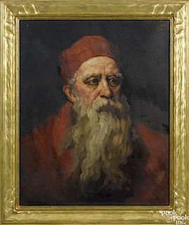 Bernhard Uhle (American 1847-1930), oil on canvas portrait of a rabbi, retaining a Newcomb-Macklin