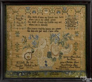 Lancaster County, Pennsylvania silk on linen sampler, dated 1836, wrought by Elizabeth Eby