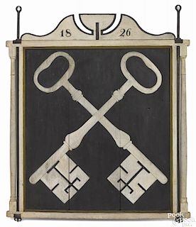 Painted pine double-sided trade sign, dated 1826, with two crossed keys on a black reserve