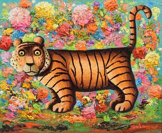 Orville Bulman Painting, Tiger & Flowers