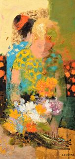 Noe Canjura Painting, Floral Bouquet & Figures