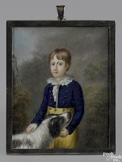 Miniature watercolor on ivory portrait of a boy and his dog, early 19th c.