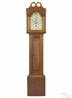 Connecticut cherry tall case clock, 19th c., with wooden works, signed R. Whiting Winchester