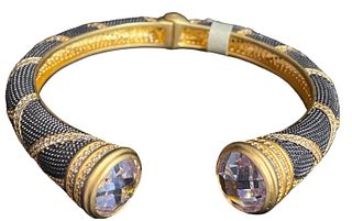 FREIDA ROTHMAN 14K Matte Gold & Black Rhodium Plated Sterling Silver W/ Cubic Zirconia Stone Bangle Bracelet 