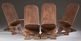 Group of Four African Carved Wooden Chairs, with X
