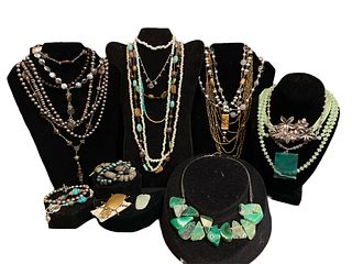 Art Deco Inspire Jade, Turquoise & Some Sterling Silver Necklaces, Bracelets, Pendants & Brooches 