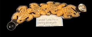 Carved Sterling Silver, Onyx, & Citrine Turtle Pin