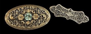Two Art Deco Brooches 14K Gold w/ Diamond & Sterling Silver w/ Blue Facet Cut Stone