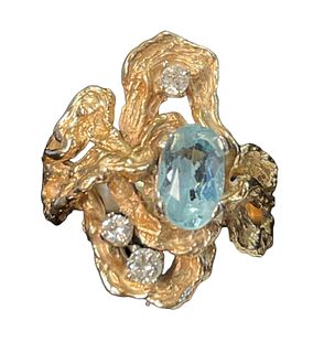 14K Gold, Diamond, & Aquamarine Ring 
