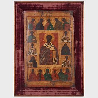 Russian Icon of Saint Nicholas with Deisis Martyrs and Selected Saints, Northern or Novgorod School, 16th Century