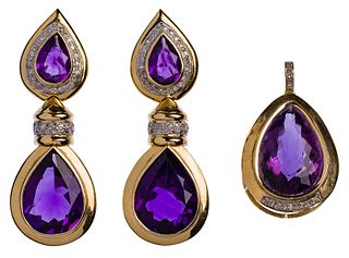 14k Gold, Amethyst and Diamond Pendant and Pierced Earring Set
