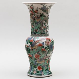 Chinese Famille Verte Porcelain Yen Yen Vase Decorated with Birds and Flowers
