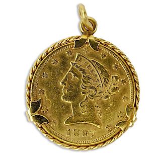 1897 US Coronet Head Half Eagle $5 Gold Coin Pendant Mounted in 14 Karat Yellow Gold