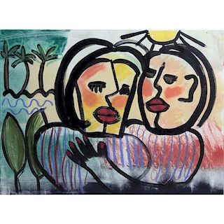 Jacqueline (Jackie) Holland Berkley, American (20th Century) Mixed Media on Paper "Couple Under The Sun" Pencil Signed and Nu